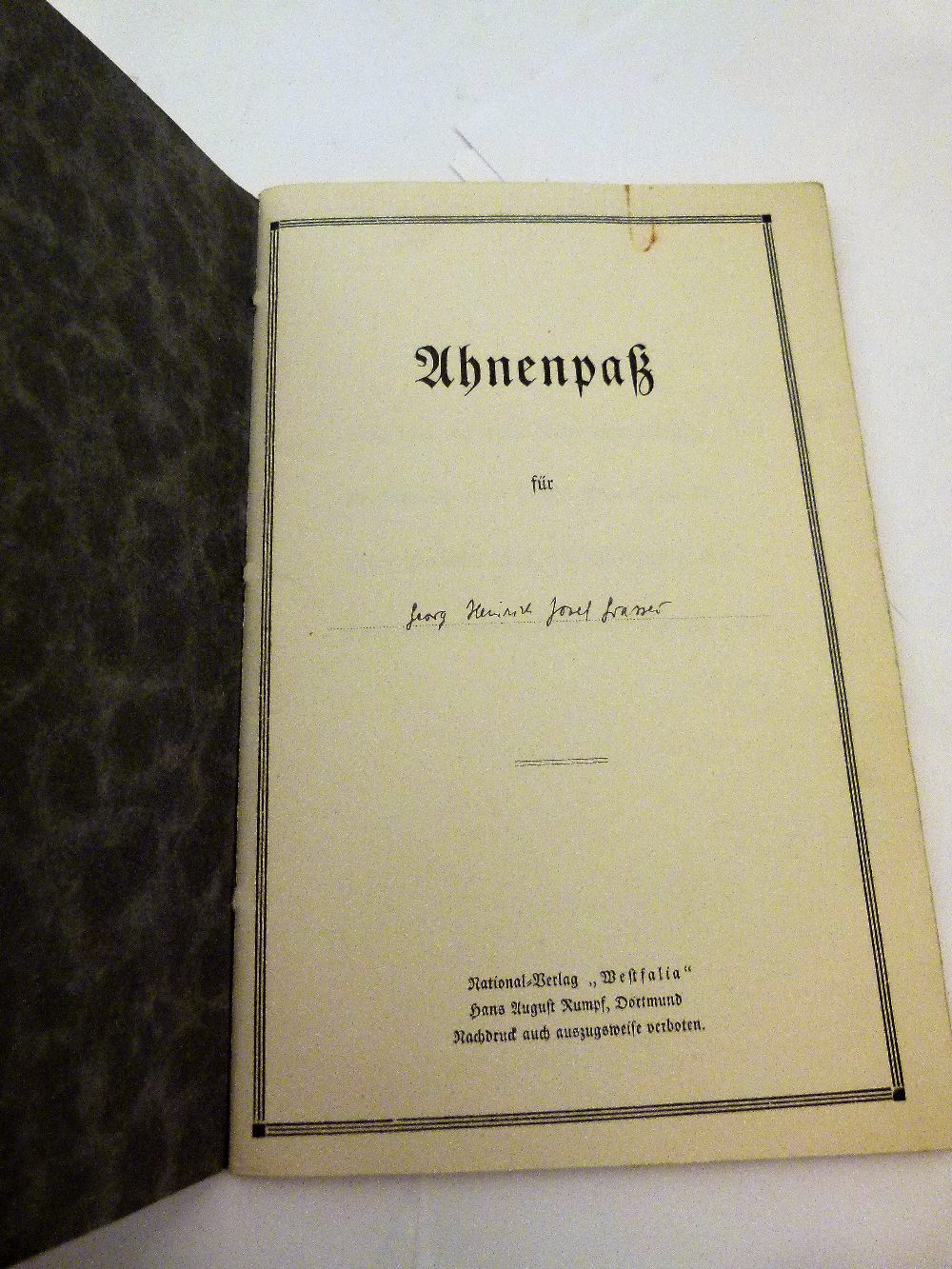 AHNENPAS GERMAN PURITY/ Ahnenpas German WWII racial purity booklet,