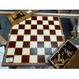 Wood carved chess and draughts set with board