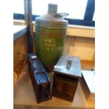 Two military ammunition boxes and a large vintage petrol can