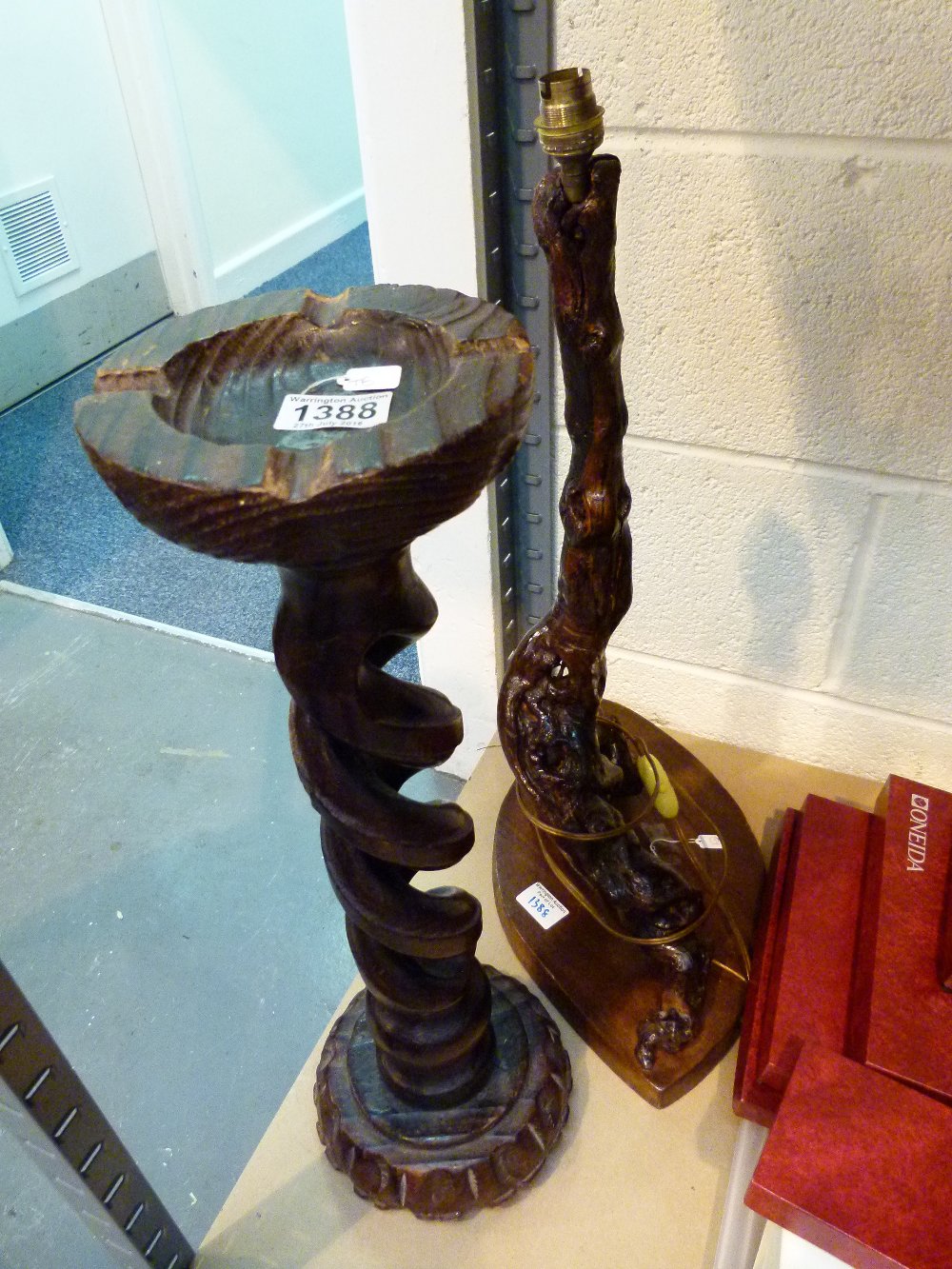 ASHTRAY AND LAMP STAND. Wooden carved as