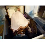 Box of mixed items including a copper kettle and treen