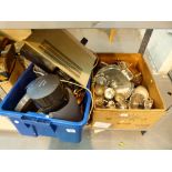 Two boxes of unsorted silver plated items and a box of mixed electrical items