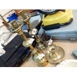 Quantity of brassware including candlesticks weights etc