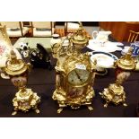 BRASS CLOCK GARNITURE.