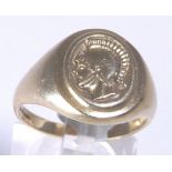 CENTURIONS HEAD RING. 9ct gold gents sol