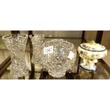 CUT GLASS. Three cut glass items, two va