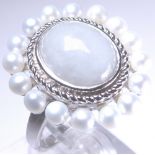 Silver certified jade and pearl ring, Si