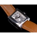 *Ladies' Montblanc wristwatch, square silvered case and dial, Montblanc star crown, tan leather