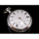 Silver pair cased pocket watch, white dial with Roman numerals, fusee movement, inside case and