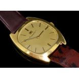 18ct yellow gold gentlemen's IWC wristwatch, cushion shaped brushed finish dial with applied baton