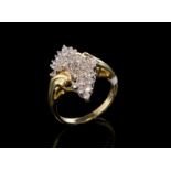 Diamond cluster ring, thirty-three round brilliant cut diamonds, set in twist motif, estimated total