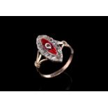 Red enamel and diamond ring, a marquise shape with red enamel, a rose cut diamond to the centre