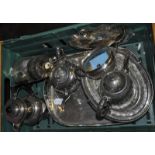 A quantity of silver plate, including a tray, three teapots, a basket, sugar bowl and coffee pot (