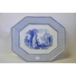 A blue and white meat plate decorated with a classical scene, impressed anchor mark, registration