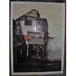 *G R L (monogram), Wooden Buildings on Stilts on a Shoreline, acrylic on board, 43 x 59cm,