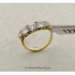 Five stone diamond ring, graduated old cut diamonds in an openwork scroll setting, estimated total