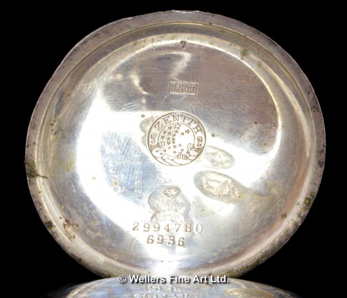 *Unusual Zenith full hunter pocket watch, 800. stamped engraved silver case, continental and - Image 7 of 8