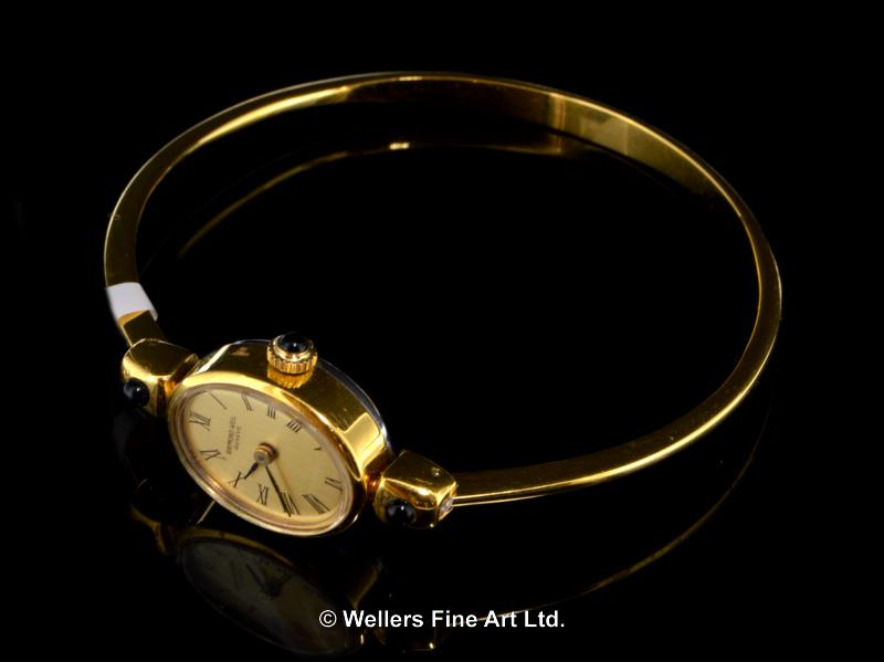 Ladies' Raymond Weil bangle watch, oval dial with Roman numerals, gold plated case and bracelet,