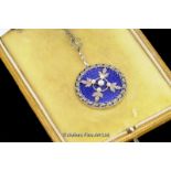 Guilloche blue enamel circular pendant, applied raised centre with rose cut diamonds and seed