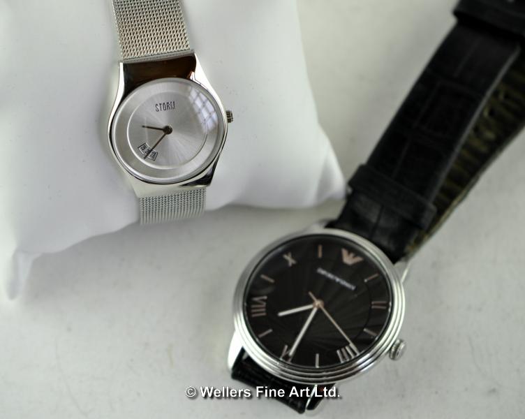 *Storm stainless steel wristwatch with circular silvered dial, boxed; together with an Emporio