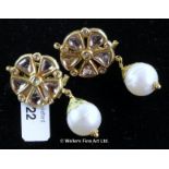 Pair of diamond and pearl earrings, flat rose cut diamonds set in a wheel design and enamel to the