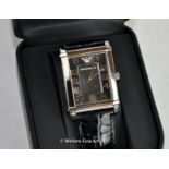 *Emporio Armani wristwatch, black rectangular dial on a black leather strap, boxed (Lot subject to