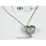 *Diamond set heart pendant, openwork heart design in white metal on a fine white metal chain,