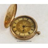 Small pocket watch, yellow metal case stamped 14ct, a/f, glass missing