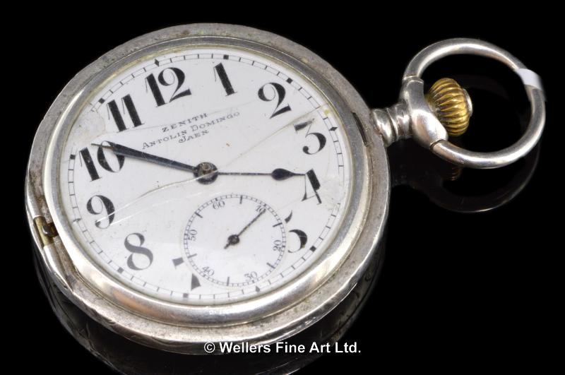 *Unusual Zenith full hunter pocket watch, 800. stamped engraved silver case, continental and