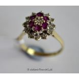 Ruby and diamond cluster ring mounted in 9ct yellow gold, ring size S