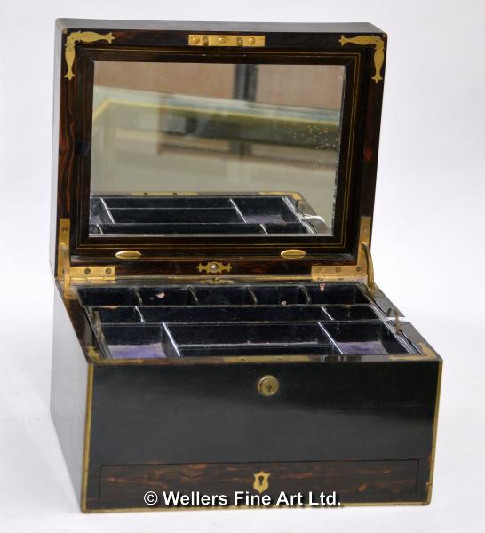 A coromandel brass bound dressing box, with internal mirror, secret leather and moire lined - Image 2 of 2