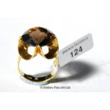 Smoky quartz dress ring, round cut smoky quartz mounted in yellow metal stamped as 14ct, ring size