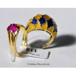 18ct yellow gold ring set with pink stone, ring size R½, together with a yellow and blue enamel dome