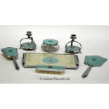 A 1950s retro dressing table set in pale blue and chrome finish, comprising pair of candlesticks,