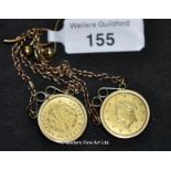 Coin set drop earrings, each earring comprising an 1853 US one dollar gold coin, in a yellow metal