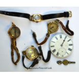 Four ladies' vintage 9ct cocktail watches, a/f, together with dial and movement of a pocket watch,