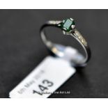 Emerald and diamond ring in white metal stamped platinum, ring size I½