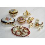 A Paris porcelain pillbox with ormolu mount, and a collection of Limoges miniatures and trinkets