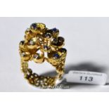 Large fancy dress ring set with sapphires and diamonds, in yellow metal tested as 18ct, gross weight