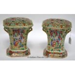 A pair of 19th Century Chinese famille rose pot pourri vases of flared square form, with pierced