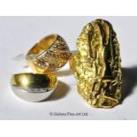 Three dress rings stamped or tested as 18ct, a/f, gross weight 34.9 grams