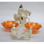 A Staffordshire flatback figure; pair of carnival glass bowls; a pair of blanc de chine ornaments