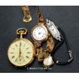 Pocket watch with a yellow metal case tested as 18ct, a/f, together with a 9ct watch on a ribbon