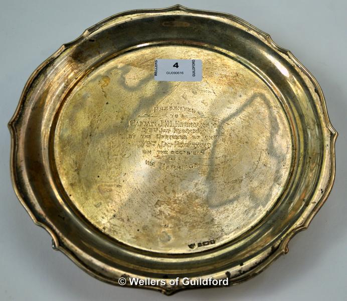 A silver salver engraved 'Presented to Captain J H L Hindmarsh 2/9th JAT Regiment by the Officers of