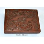 A Chinese rectangular wooden box, the lift off lid carved with dragons, 5 x 18.5 x 13cm