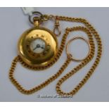 Pocket watch in 18ct, together with an Albert chain tested as 14ct, a/f, glass loose