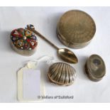 A collection of silver and silver plated trinket boxes including an 800 standard shell shaped box, a