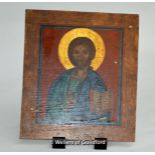 A late Victorian icon painted on oak panel, 28.5 x 25cm; a Victorian bird's eye maple polescreen