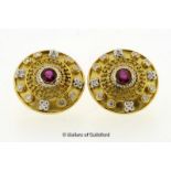 Theo Fennell diamond and ruby circular earrings, each earring with a round cut ruby rubover set to