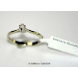 Single stone diamond ring, round brilliant cut diamond mounted in white metal stamped as 14ct,